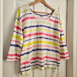 T by Talbots Women's Size XL Tie Dye Striped White Shirt 3/4 Sleeve
